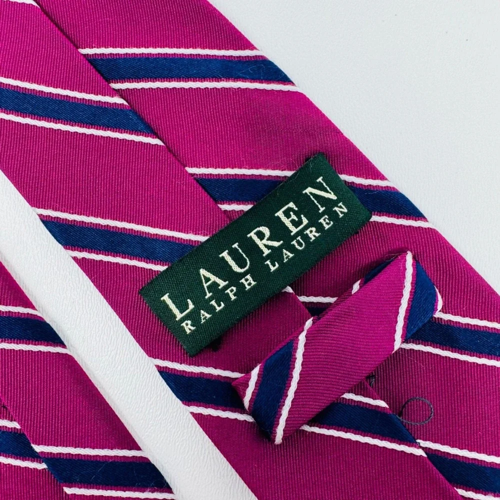Lauren Ralph Lauren Mens Ripp Silk Striped Tie Magenta Navy White Hand‎ Made
